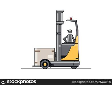 Line vector design of modern reach truck forklift with the operator and cargo.