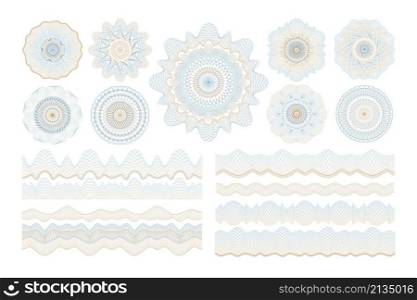 Line watermark. Guilloche thin graphic for diploma or certificate. Voucher and money banknote abstract security symbols. Grid and wavy border ornaments. Vector isolated document guarantee elements set. Line watermark. Guilloche thin graphic for diploma or certificate. Voucher and banknote abstract security symbols. Grid and wavy border ornaments. Vector document guarantee elements set