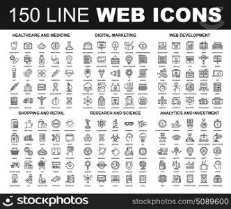 Line Web Icons. Vector set of 150 flat line web icons on following themes - healthcare and medicine, digital marketing, web development, shopping and retail, research and science, analytics and investment