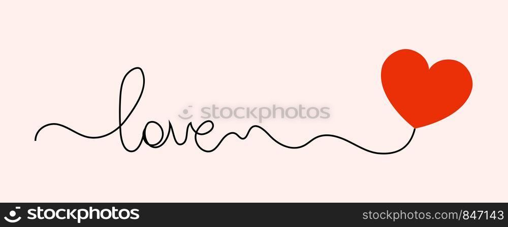 Line with text: Love and heart on pink background. Greeting card