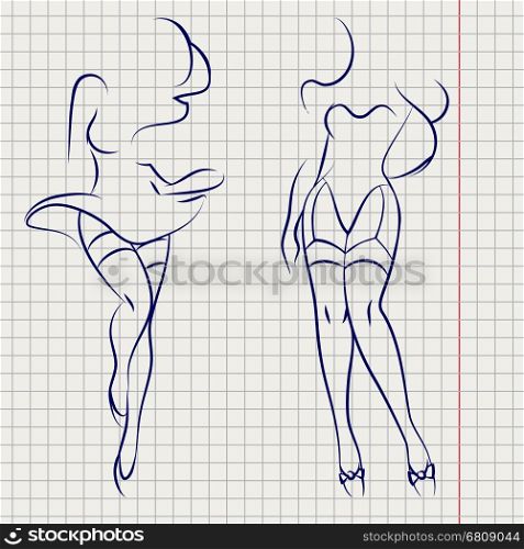 Line woman silhouettes on notebook background. Hand drawn line sexy woman silhouettes design on notebook background. Vector illustration