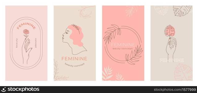 Linear abstract feminine logo emblems set, hands in different gestures, woman silhouette for cosmetic packaging beauty product branding, social media stories abstract modern background in pastel color. Linear abstract feminine logo emblems vector set
