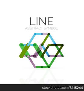 Linear abstract logo, connected multicolored segments of lines geometrical figure. Vector wire business icon isolated on white