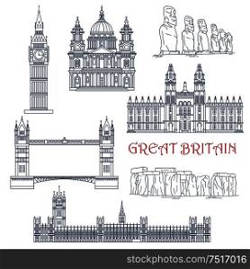 Linear architecture and historical landmarks of Great Britain and Chile for travel and tourism design with thin line icons of Big Ben, Stonehenge, Tower Bridge, Windsor Castle and St Paul Cathedral and moai stone figures of Easter Island. Attractions of Great Britain and Chile linear icon