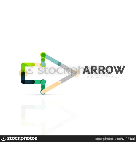 Linear arrow abstract logo, connected multicolored segments of lines in directional pointer figure. Vector wire business icon isolated on white