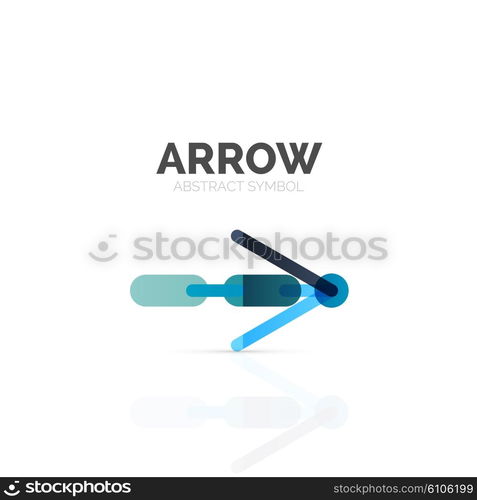 Linear arrow abstract logo, connected multicolored segments of lines in directional pointer figure. Vector wire business icon isolated on white