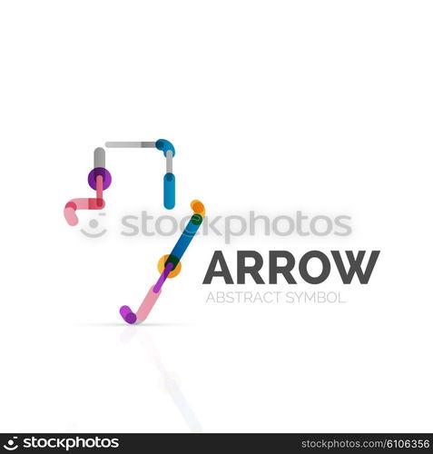 Linear arrow abstract logo, connected multicolored segments of lines in directional pointer figure. Vector wire business icon isolated on white