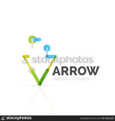 Linear arrow abstract logo, connected multicolored segments of lines in directional pointer figure. Vector wire business icon isolated on white