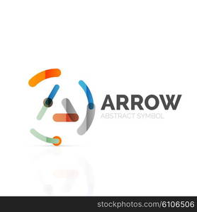 Linear arrow abstract logo, connected multicolored segments of lines in directional pointer figure. Vector wire business icon isolated on white