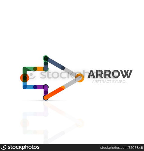 Linear arrow abstract logo, connected multicolored segments of lines in directional pointer figure. Vector wire business icon isolated on white