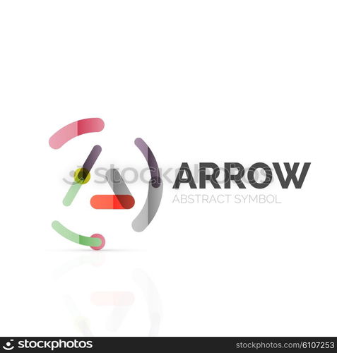 Linear arrow abstract logo, connected multicolored segments of lines in directional pointer figure. Vector wire business icon isolated on white