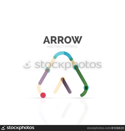 Linear arrow abstract logo, connected multicolored segments of lines in directional pointer figure. Vector wire business icon isolated on white