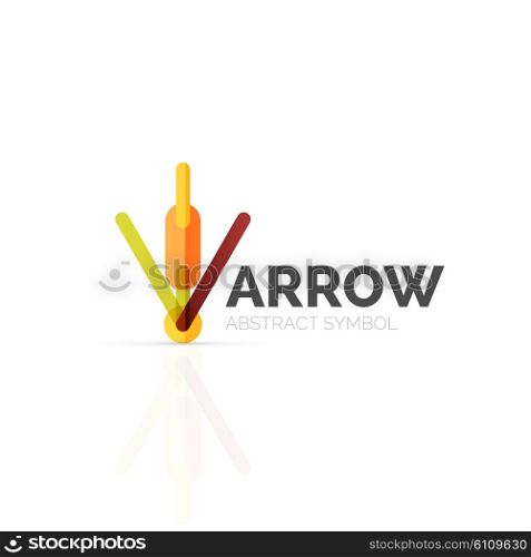 Linear arrow abstract logo, connected multicolored segments of lines in directional pointer figure. Vector wire business icon isolated on white