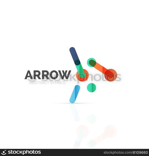 Linear arrow abstract logo, connected multicolored segments of lines in directional pointer figure. Vector wire business icon isolated on white