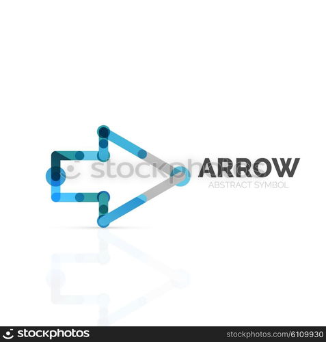 Linear arrow abstract logo, connected multicolored segments of lines in directional pointer figure. Vector wire business icon isolated on white