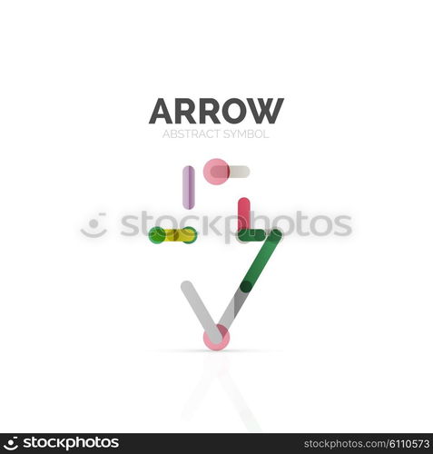 Linear arrow abstract logo, connected multicolored segments of lines in directional pointer figure. Vector wire business icon isolated on white