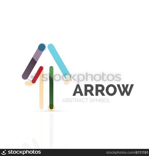 Linear arrow abstract logo, connected multicolored segments of lines in directional pointer figure. Vector wire business icon isolated on white