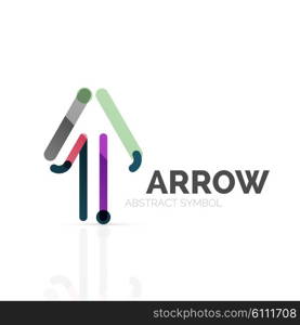 Linear arrow abstract logo, connected multicolored segments of lines in directional pointer figure. Vector wire business icon isolated on white