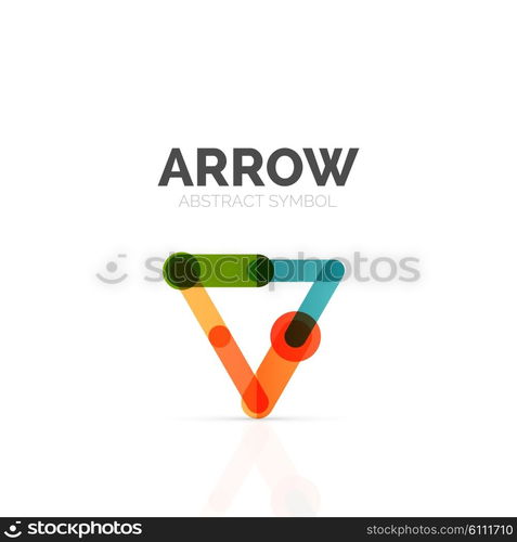 Linear arrow abstract logo, connected multicolored segments of lines in directional pointer figure. Vector wire business icon isolated on white