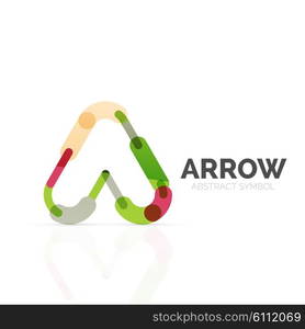 Linear arrow abstract logo, connected multicolored segments of lines in directional pointer figure. Vector wire business icon isolated on white