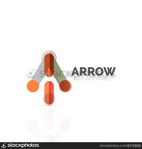 Linear arrow abstract logo, connected multicolored segments of lines in directional pointer figure. Vector wire business icon isolated on white