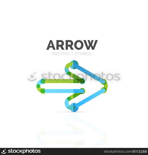 Linear arrow abstract logo, connected multicolored segments of lines in directional pointer figure. Vector wire business icon isolated on white