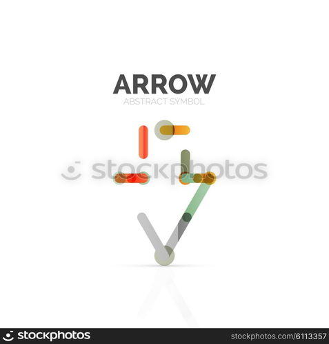 Linear arrow abstract logo, connected multicolored segments of lines in directional pointer figure. Vector wire business icon isolated on white