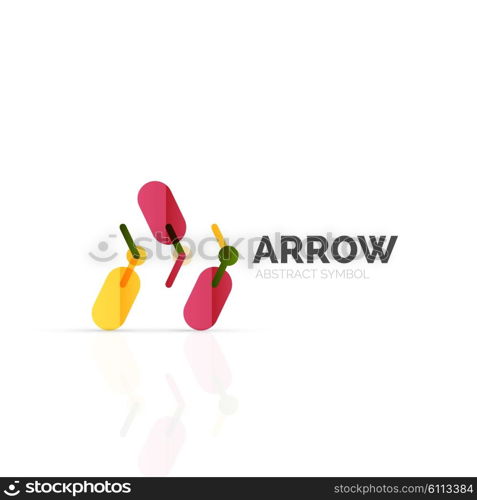 Linear arrow abstract logo, connected multicolored segments of lines in directional pointer figure. Vector wire business icon isolated on white