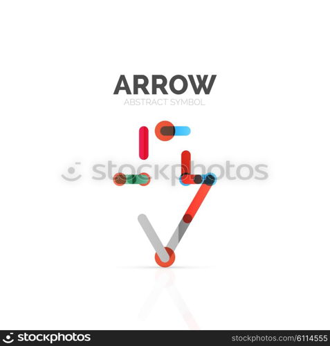 Linear arrow abstract logo, connected multicolored segments of lines in directional pointer figure. Vector wire business icon isolated on white