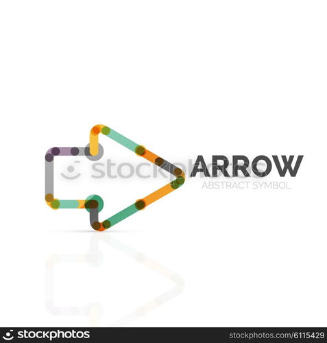 Linear arrow abstract logo, connected multicolored segments of lines in directional pointer figure. Vector wire business icon isolated on white