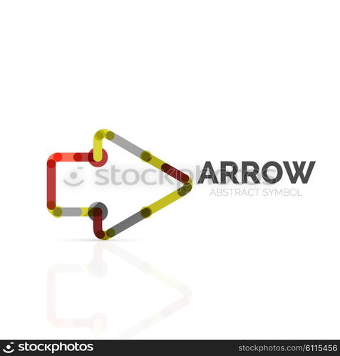 Linear arrow abstract logo, connected multicolored segments of lines in directional pointer figure. Vector wire business icon isolated on white