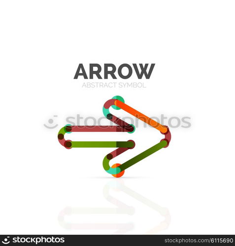 Linear arrow abstract logo, connected multicolored segments of lines in directional pointer figure. Vector wire business icon isolated on white