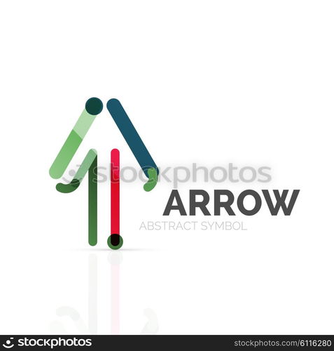 Linear arrow abstract logo, connected multicolored segments of lines in directional pointer figure. Vector wire business icon isolated on white