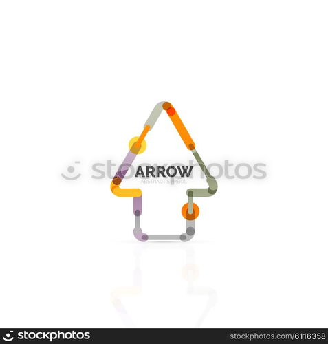 Linear arrow abstract logo, connected multicolored segments of lines in directional pointer figure. Vector wire business icon isolated on white