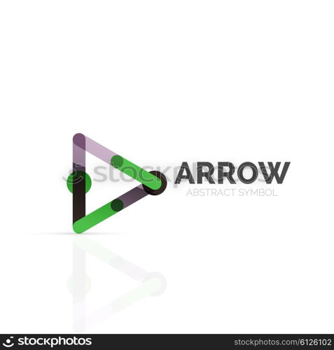 Linear arrow abstract logo, connected multicolored segments of lines in directional pointer figure. Vector wire business icon isolated on white