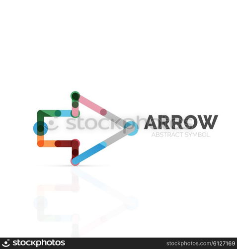 Linear arrow abstract logo, connected multicolored segments of lines in directional pointer figure. Vector wire business icon isolated on white