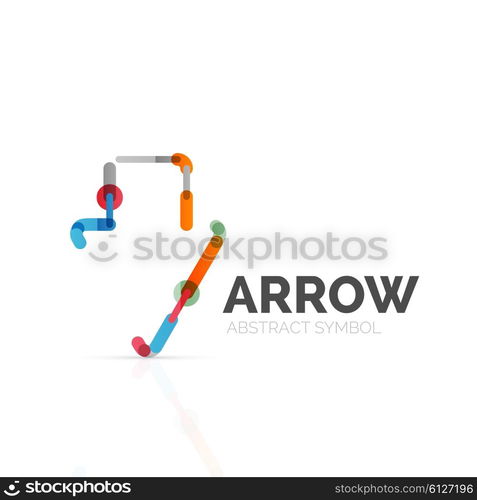 Linear arrow abstract logo, connected multicolored segments of lines in directional pointer figure. Vector wire business icon isolated on white