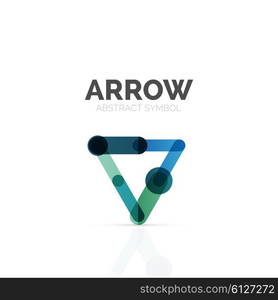 Linear arrow abstract logo, connected multicolored segments of lines in directional pointer figure. Vector wire business icon isolated on white