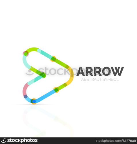 Linear arrow abstract logo, connected multicolored segments of lines in directional pointer figure. Vector wire business icon isolated on white