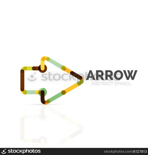 Linear arrow abstract logo, connected multicolored segments of lines in directional pointer figure. Vector wire business icon isolated on white