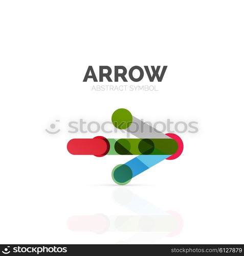 Linear arrow abstract logo, connected multicolored segments of lines in directional pointer figure. Vector wire business icon isolated on white