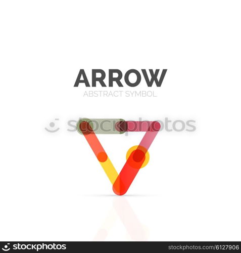 Linear arrow abstract logo, connected multicolored segments of lines in directional pointer figure. Vector wire business icon isolated on white