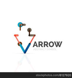 Linear arrow abstract logo, connected multicolored segments of lines in directional pointer figure. Vector wire business icon isolated on white