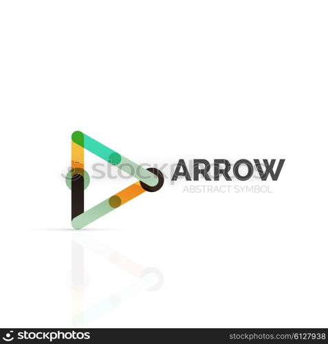 Linear arrow abstract logo, connected multicolored segments of lines in directional pointer figure. Vector wire business icon isolated on white