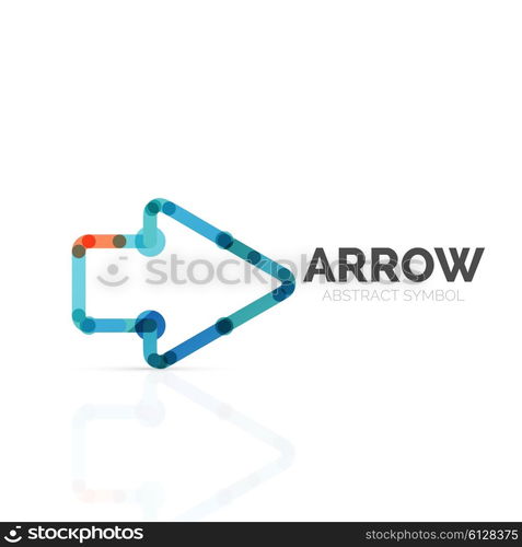 Linear arrow abstract logo, connected multicolored segments of lines in directional pointer figure. Vector wire business icon isolated on white