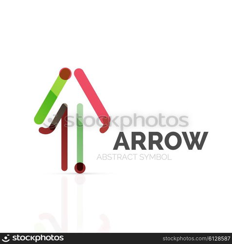 Linear arrow abstract logo, connected multicolored segments of lines in directional pointer figure. Vector wire business icon isolated on white