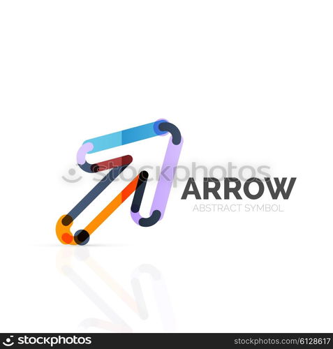 Linear arrow abstract logo, connected multicolored segments of lines in directional pointer figure. Vector wire business icon isolated on white