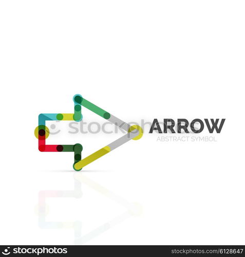 Linear arrow abstract logo, connected multicolored segments of lines in directional pointer figure. Vector wire business icon isolated on white