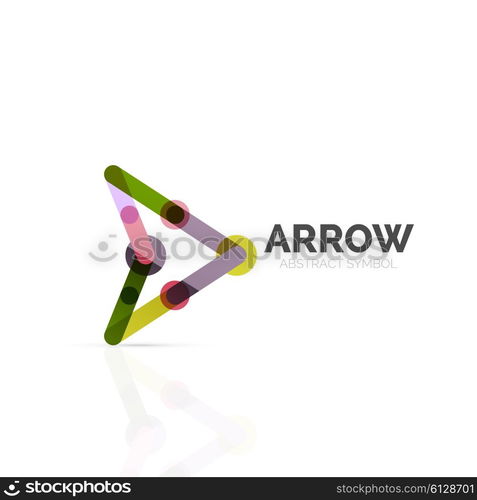 Linear arrow abstract logo, connected multicolored segments of lines in directional pointer figure. Vector wire business icon isolated on white