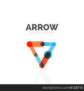 Linear arrow abstract logo, connected multicolored segments of lines in directional pointer figure. Vector wire business icon isolated on white